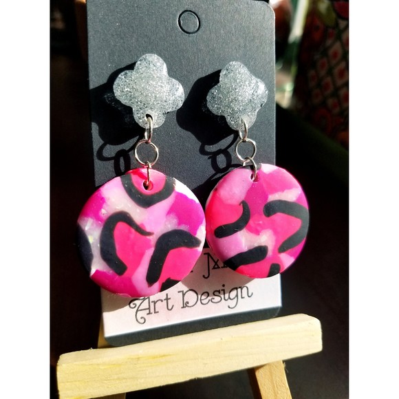 Handmade Pink Glitter Leopard Statement Earrings - Picture 2 of 2